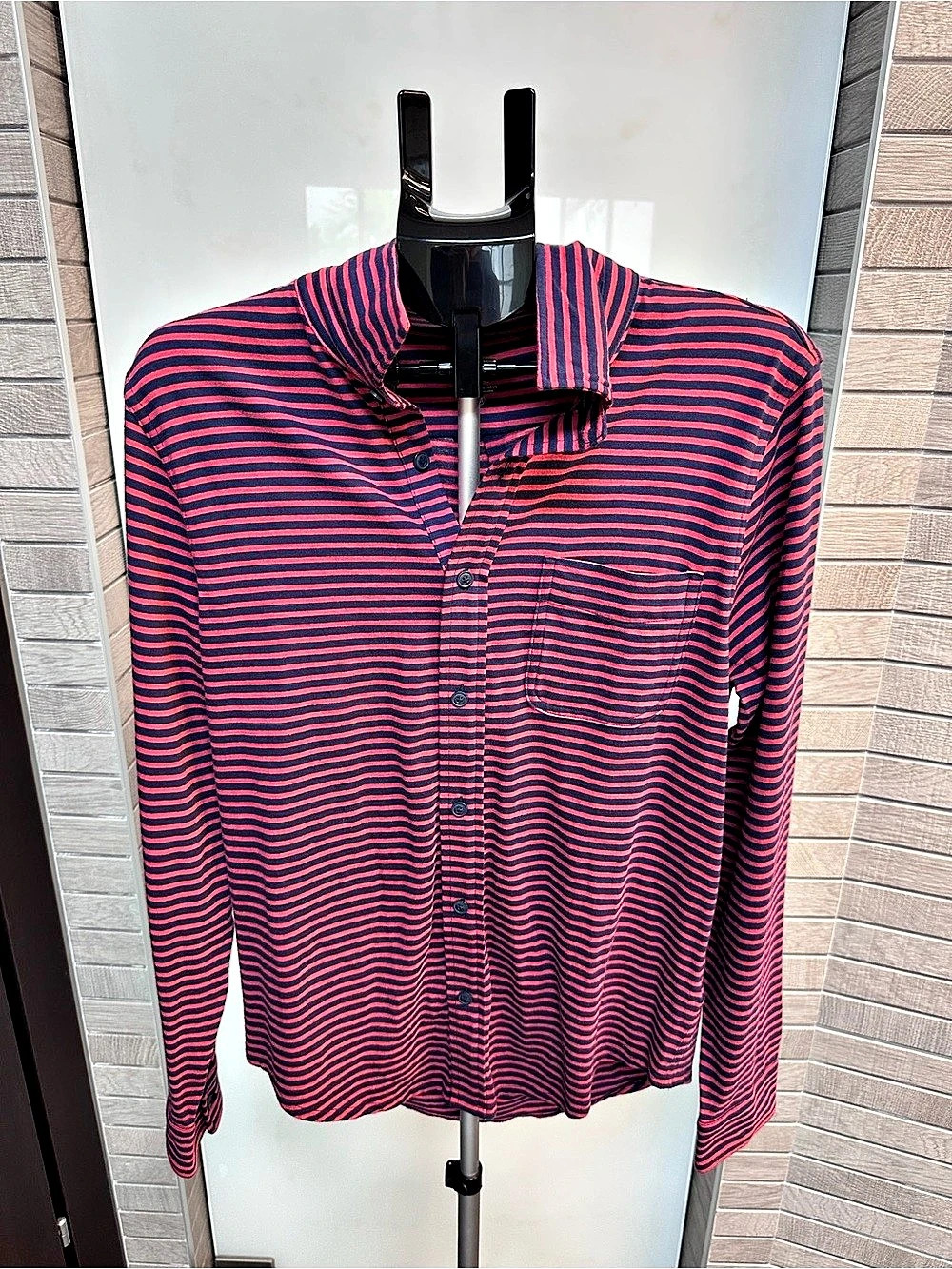 J.Crew Men's Long Sleeve Navy / Red Harbor Striped Knit Button-Down Slub Cotton